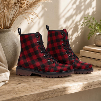 Buffalo Plaid Combat Boots, Red Black Grunge Lace Up Boots, Rustic Fall Statement Shoes