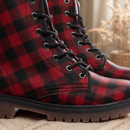 Buffalo Plaid Combat Boots, Red Black Grunge Lace Up Boots, Rustic Fall Statement Shoes