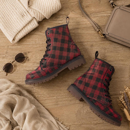 Buffalo Plaid Combat Boots, Red Black Grunge Lace Up Boots, Rustic Fall Statement Shoes