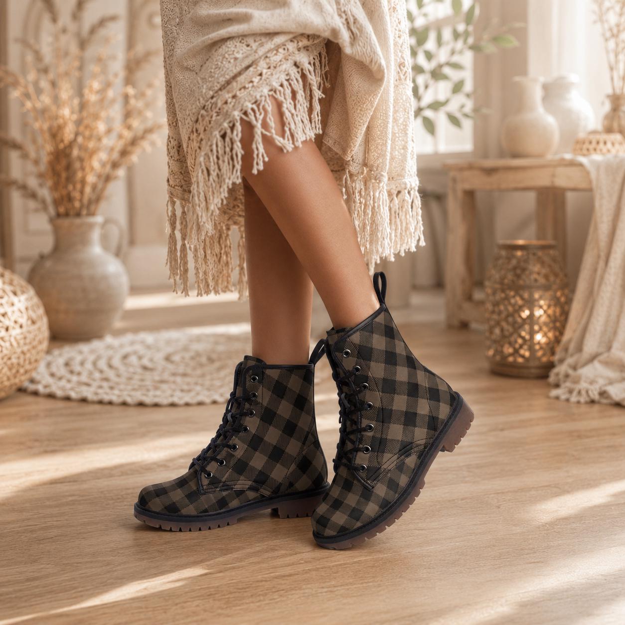 Dark Academia Combat Boots in Brown Check, Moody Fall Grunge Footwear