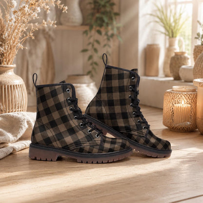 Dark Academia Combat Boots in Brown Check, Moody Fall Grunge Footwear