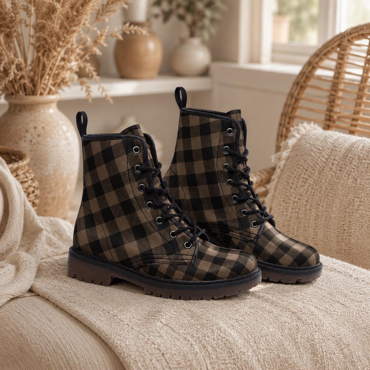 Dark Academia Combat Boots in Brown Check, Moody Fall Grunge Footwear