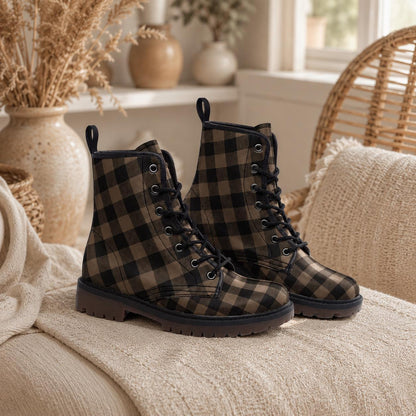 Dark Academia Combat Boots in Brown Check, Moody Fall Grunge Footwear
