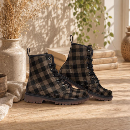 Dark Academia Combat Boots in Brown Check, Moody Fall Grunge Footwear