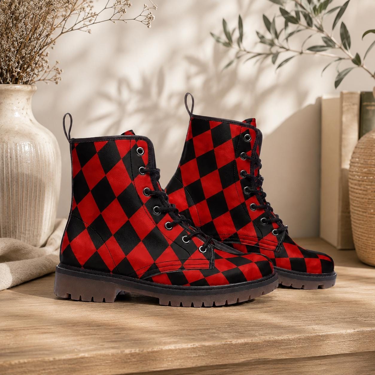 Red Black Harlequin Checker Combat Boots, Circuscore Platform Goth Punk Shoes