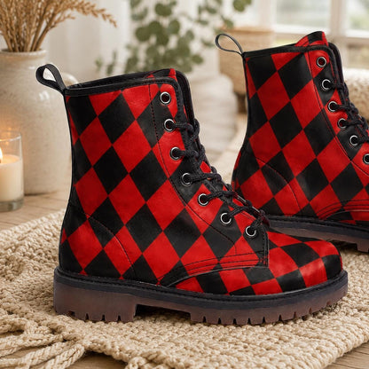 Red Black Harlequin Checker Combat Boots, Circuscore Platform Goth Punk Shoes
