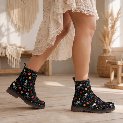 Spooky Cat Combat Boots, Floral Goth Lace Up Shoes, Halloween Alt Footwear