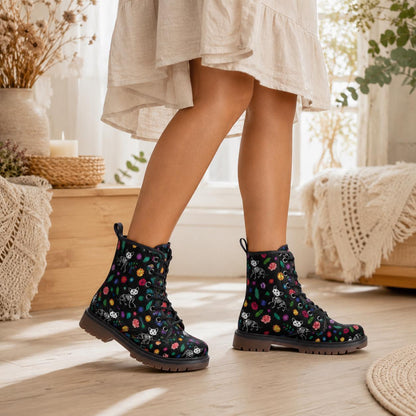 Spooky Cat Combat Boots, Floral Goth Lace Up Shoes, Halloween Alt Footwear