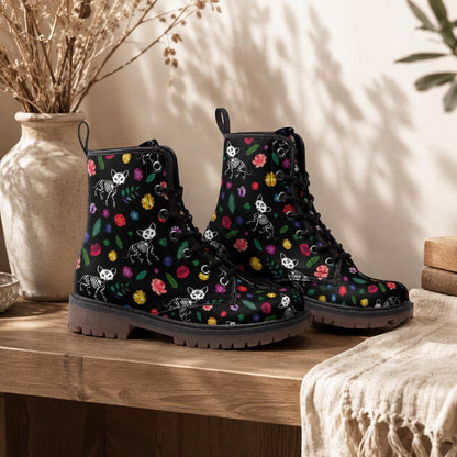 Spooky Cat Combat Boots, Floral Goth Lace Up Shoes, Halloween Alt Footwear