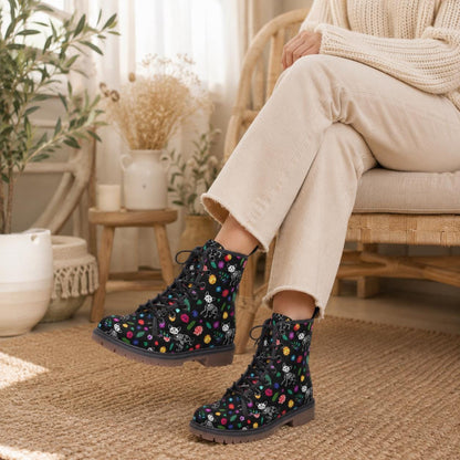 Spooky Cat Combat Boots, Floral Goth Lace Up Shoes, Halloween Alt Footwear