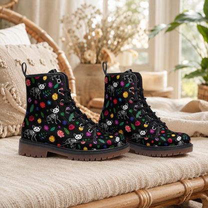 Spooky Cat Combat Boots, Floral Goth Lace Up Shoes, Halloween Alt Footwear