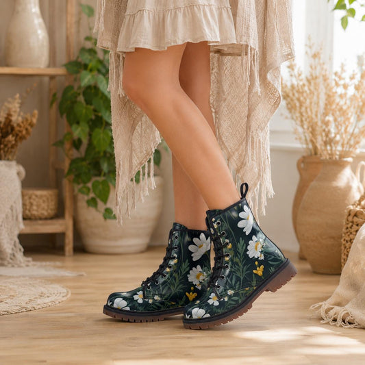 Botanical Daisy Lace Up Boots, Cottagecore Combat Boots, Meadow Flower Shoes