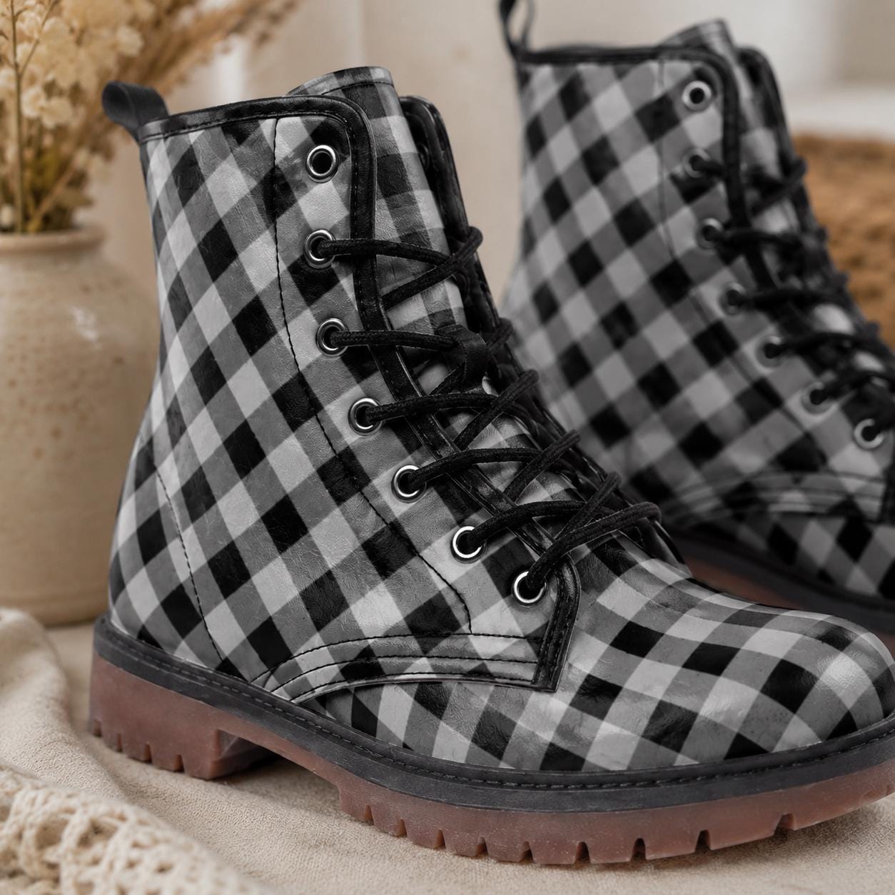 Buffalo Plaid Combat Boots, Black White Checkered Lace Up Grunge Fall Boots for Women