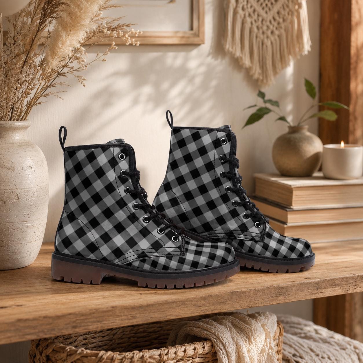 Buffalo Plaid Combat Boots, Black White Checkered Lace Up Grunge Fall Boots for Women