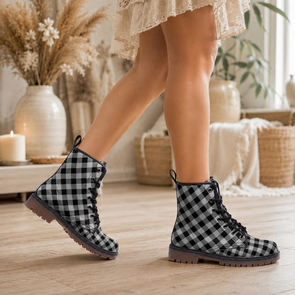 Buffalo Plaid Combat Boots, Black White Checkered Lace Up Grunge Fall Boots for Women