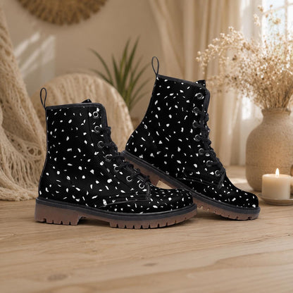 Black Speckled Combat Boots, Monochrome Lace Up Ankle Shoes for Minimalist Streetwear