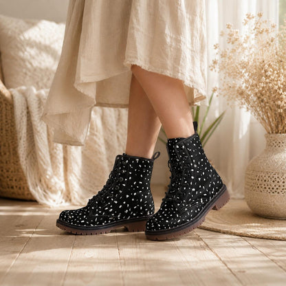 Black Speckled Combat Boots, Monochrome Lace Up Ankle Shoes for Minimalist Streetwear