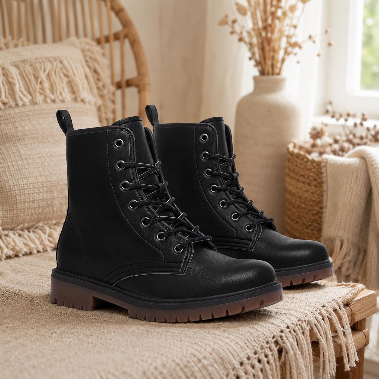 Black Vegan Leather Combat Boots, Lace-Up Platform Ankle Booties