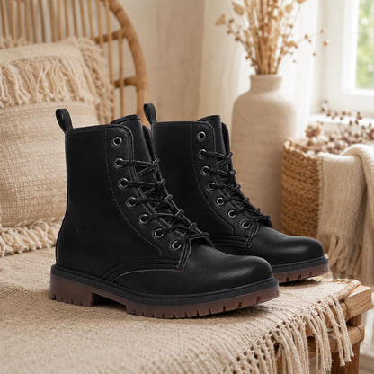 Black Vegan Leather Combat Boots, Lace-Up Platform Ankle Booties