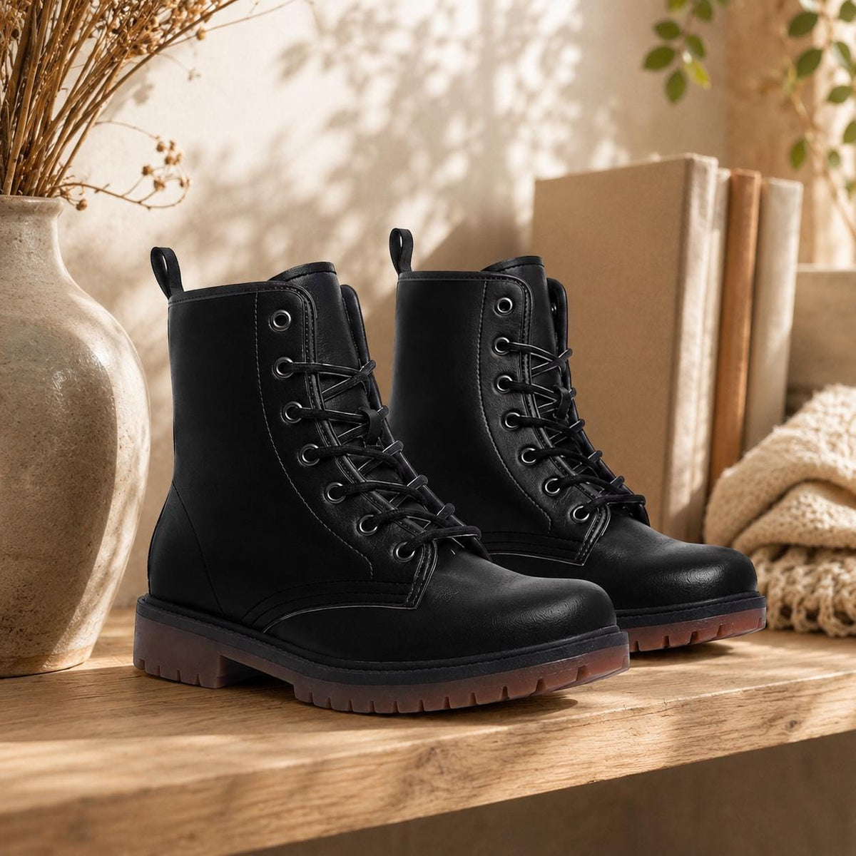 Black Vegan Leather Combat Boots, Lace-Up Platform Ankle Booties