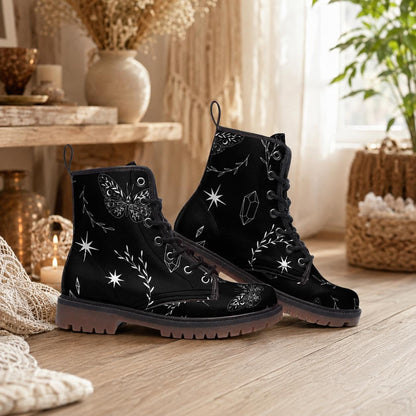 Black Celestial Print Combat Boots
