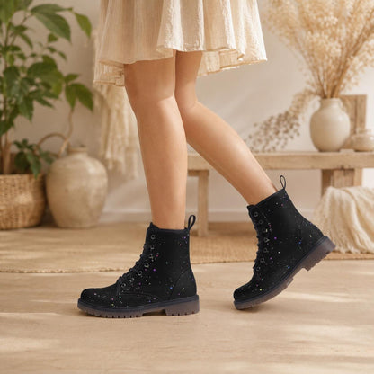 Black Paint Splatter Combat Boots, Colorful Festival Lace Up Ankle Shoes