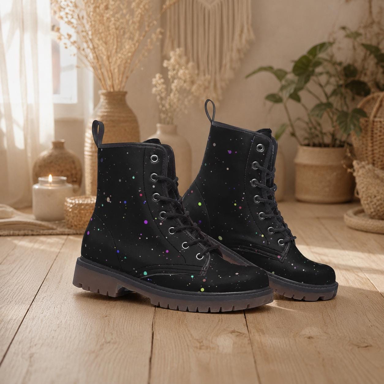 Black Paint Splatter Combat Boots, Colorful Festival Lace Up Ankle Shoes