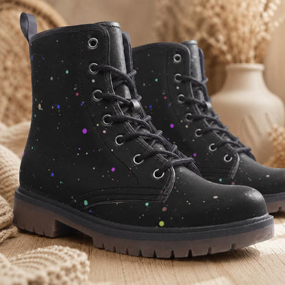 Black Paint Splatter Combat Boots, Colorful Festival Lace Up Ankle Shoes