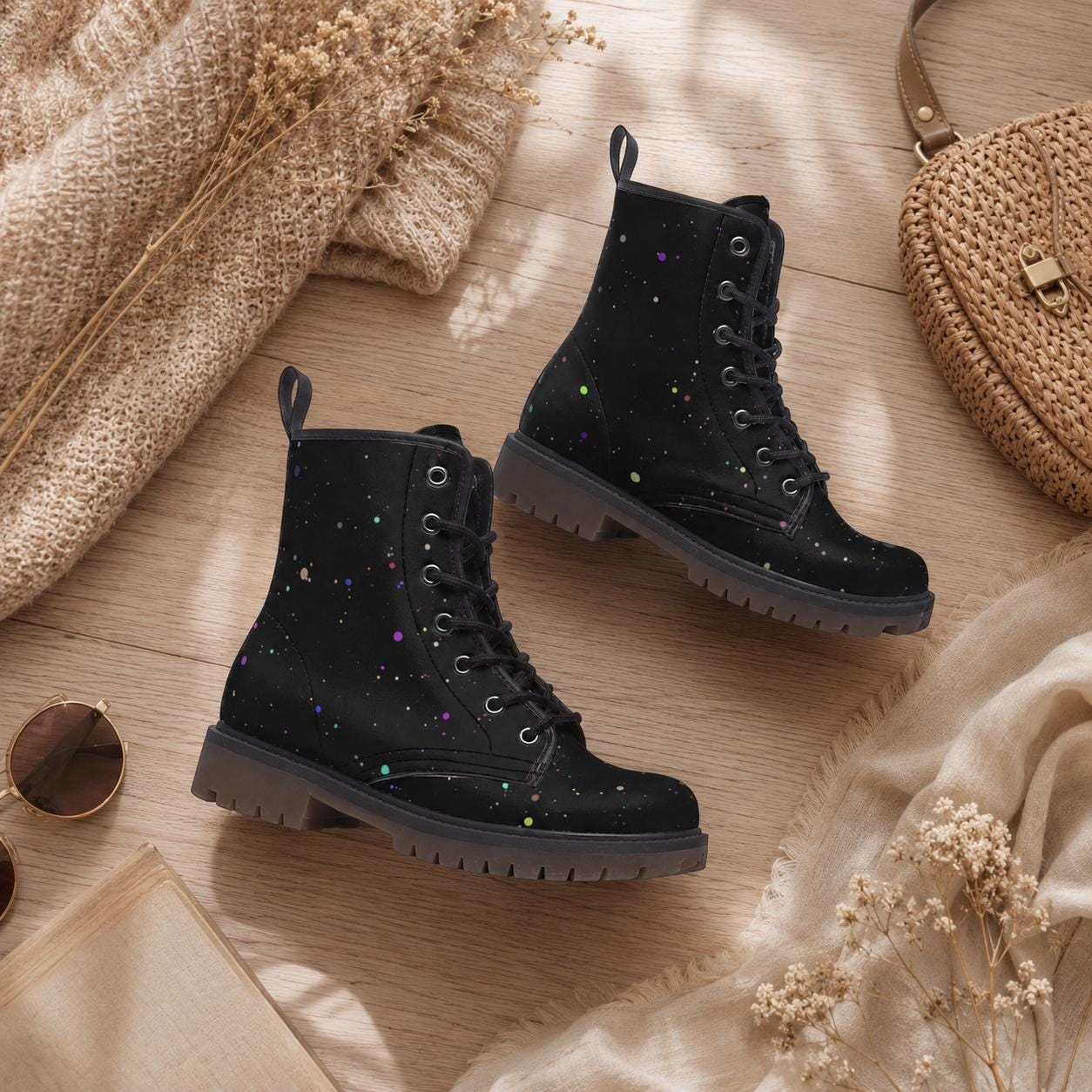 Black Paint Splatter Combat Boots, Colorful Festival Lace Up Ankle Shoes
