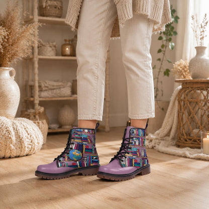 Whimsical Book Pattern Combat Boots