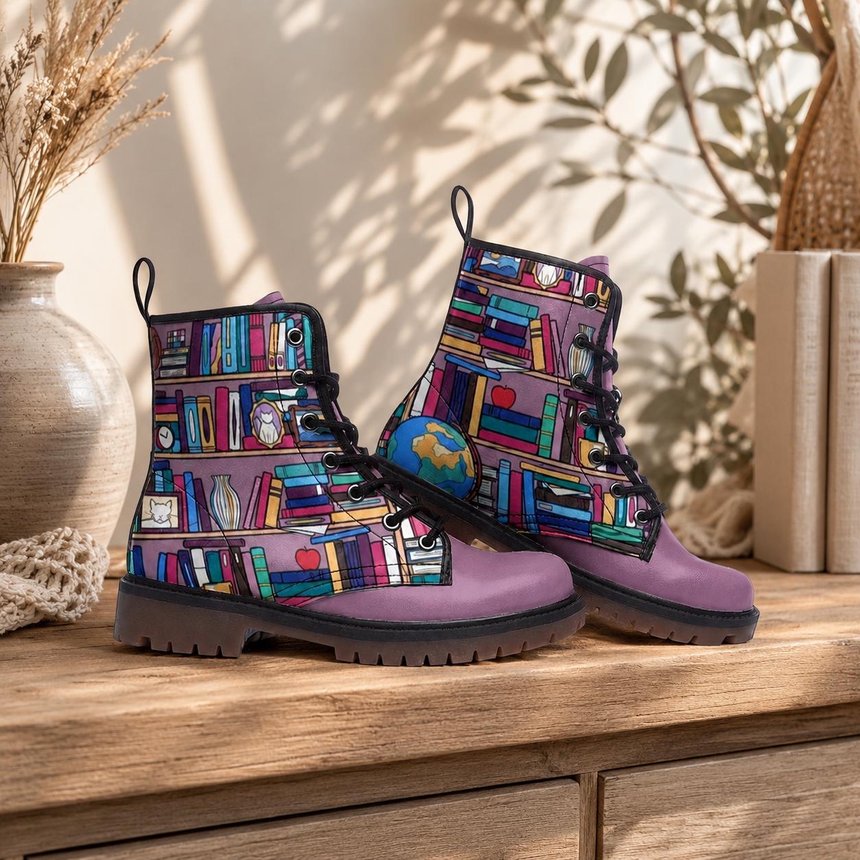 Whimsical Book Pattern Combat Boots
