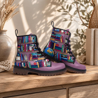 Whimsical Book Pattern Combat Boots