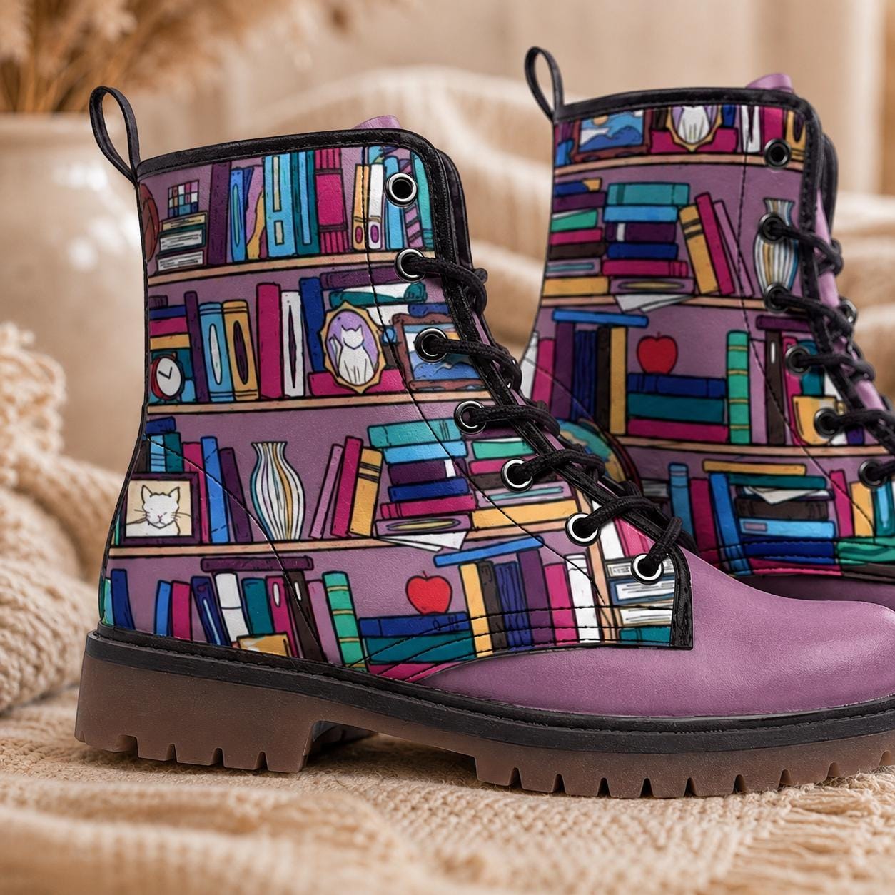 Whimsical Book Pattern Combat Boots