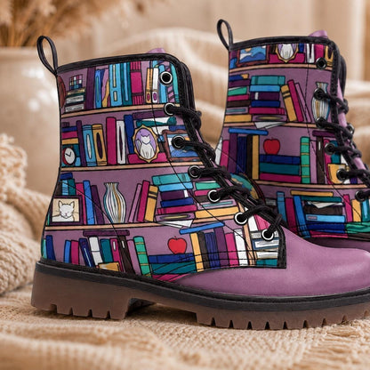 Whimsical Book Pattern Combat Boots