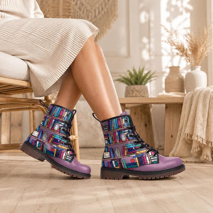 Whimsical Book Pattern Combat Boots