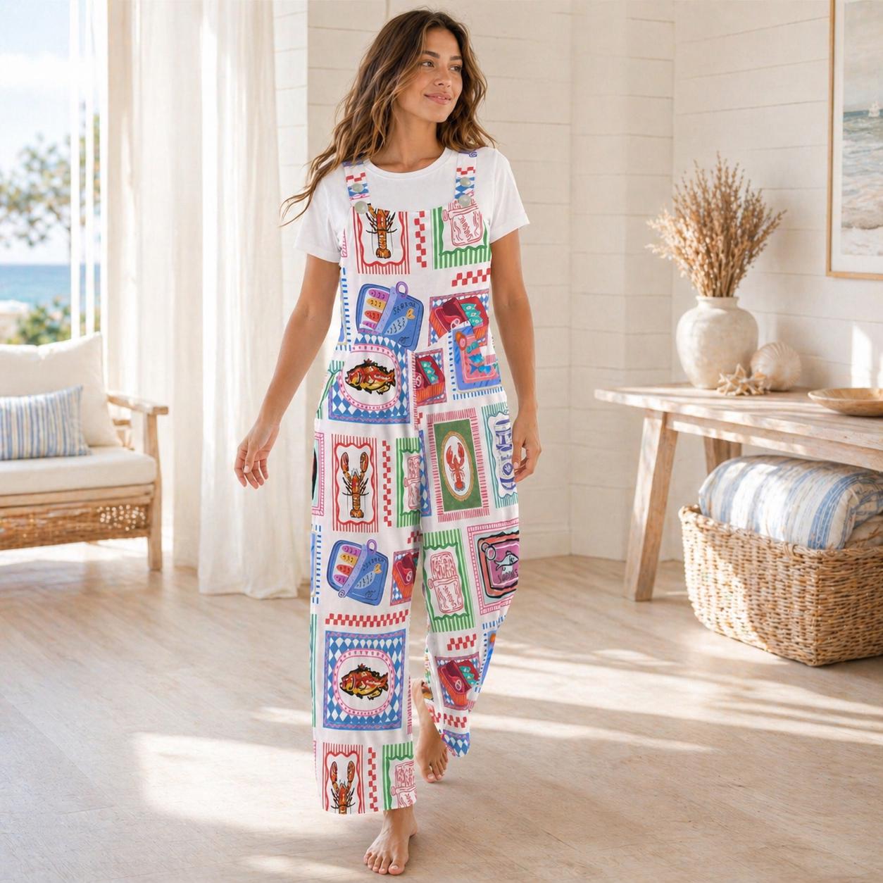 Sardine Tin Jumpsuit, Lobster Fish Print Wide Leg Overalls, Coastal Maximalist Clothing