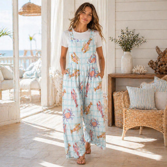 Crab Lobster Overalls, Pastel Seafood Plaid Wide Leg Romper