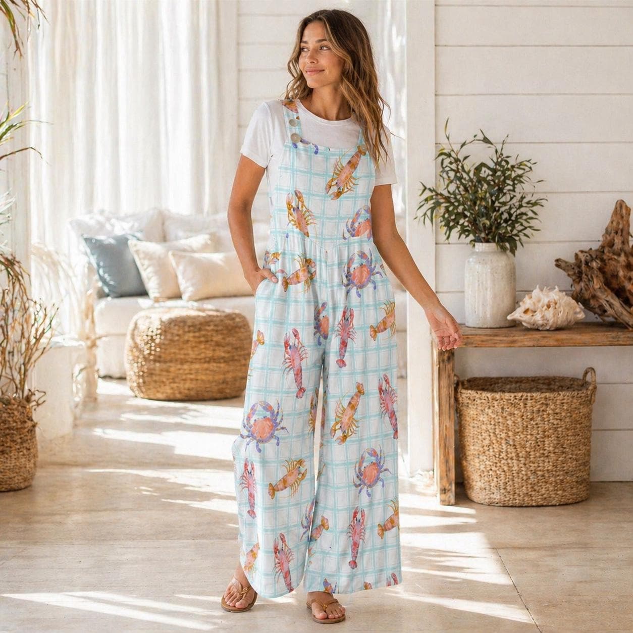 Crab Lobster Overalls, Pastel Seafood Plaid Wide Leg Romper