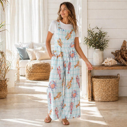 Crab Lobster Overalls, Pastel Seafood Plaid Wide Leg Romper
