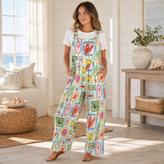 Seafood Stamp Wide Leg Jumpsuit, Colorful Coastal Vacation Romper, Lobster Lemon Shell Print