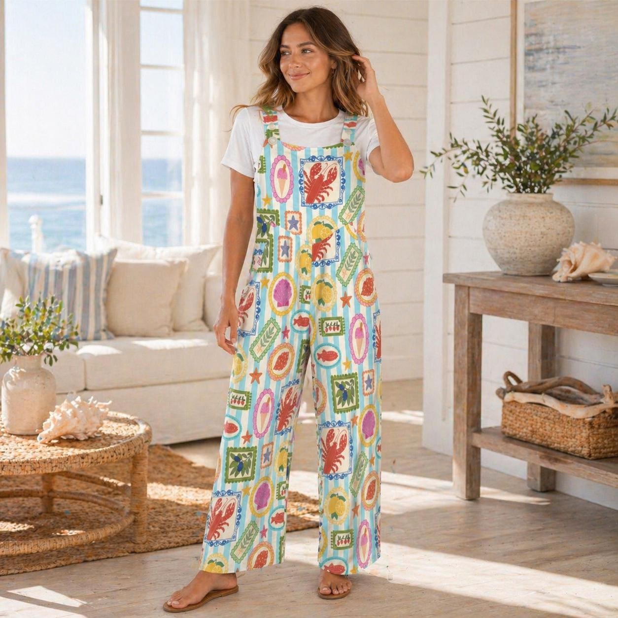 Seafood Stamp Wide Leg Jumpsuit, Colorful Coastal Vacation Romper, Lobster Lemon Shell Print