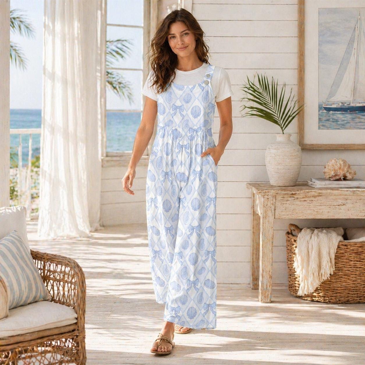 Seashell Print Wide Leg Jumpsuit, Blue Coastal Beach Romper