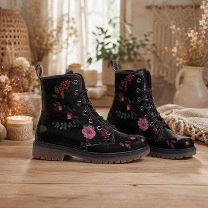Dark Floral Combat Boots, Gothic Lace-Up Punk Ankle Footwear