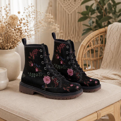 Dark Floral Combat Boots, Gothic Lace-Up Punk Ankle Footwear