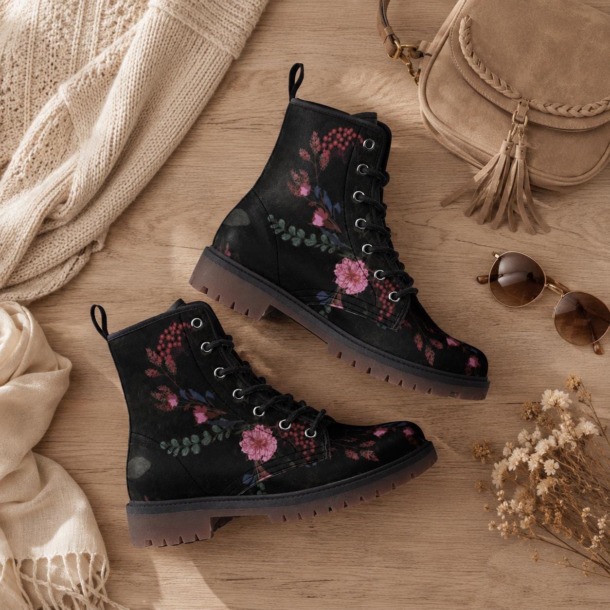 Dark Floral Combat Boots, Gothic Lace-Up Punk Ankle Footwear