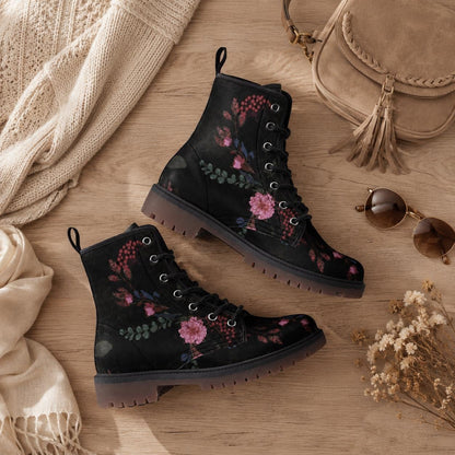 Dark Floral Combat Boots, Gothic Lace-Up Punk Ankle Footwear