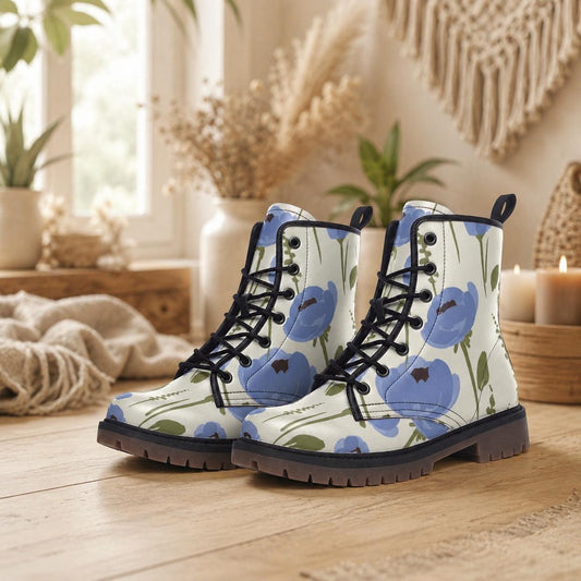 Blue Floral Combat Boots, Cottagecore Lace Up Ankle Shoes, Garden Print Feminine Footwear