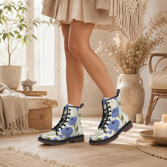 Blue Floral Combat Boots, Cottagecore Lace Up Ankle Shoes, Garden Print Feminine Footwear