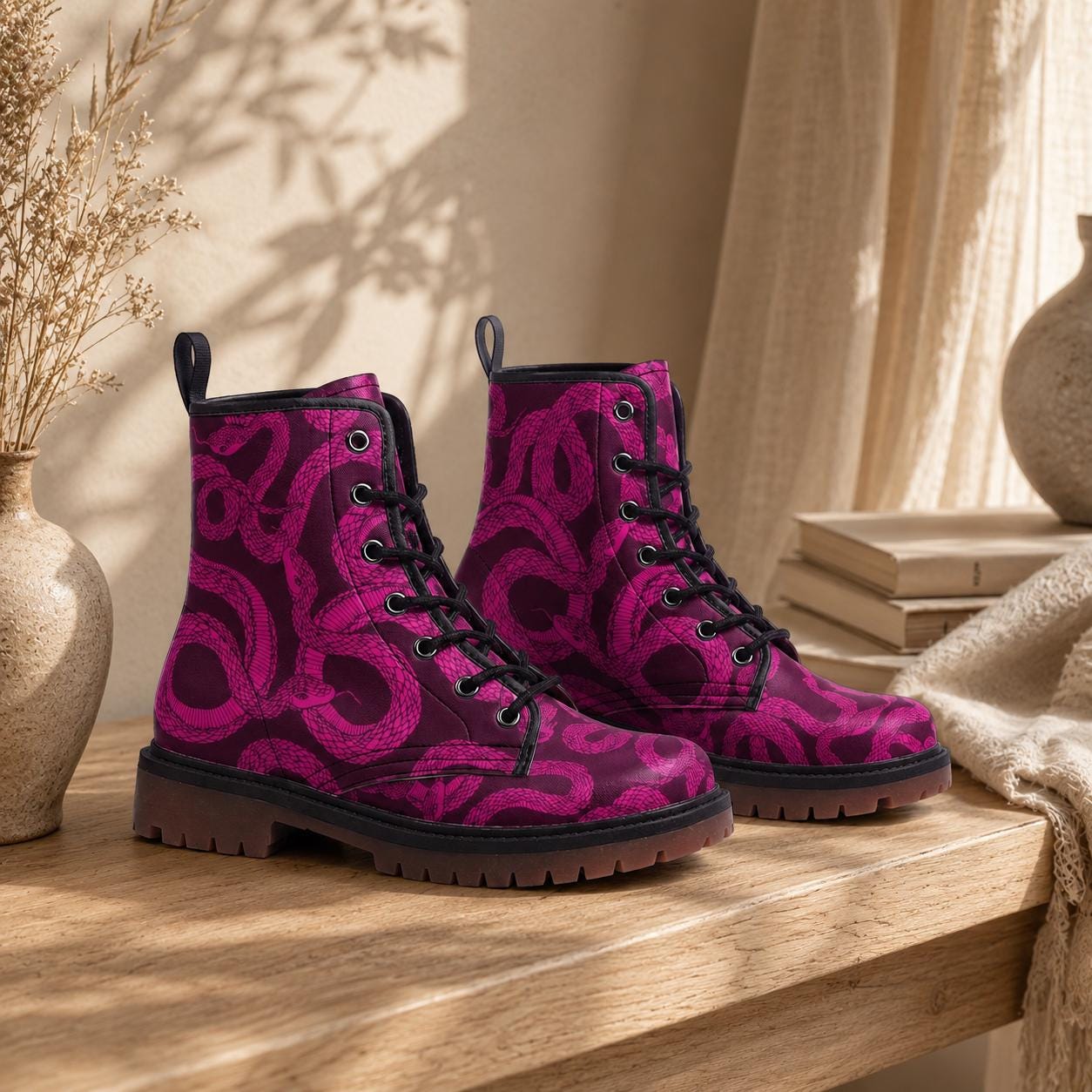 Magenta Snake Combat Boots, Witchy Punk Lace Up Shoes, Grunge Festival Footwear