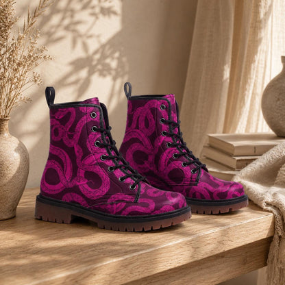 Magenta Snake Combat Boots, Witchy Punk Lace Up Shoes, Grunge Festival Footwear